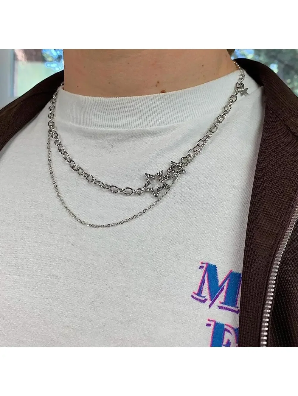 Y2k 2000s cyber rhinestone double star pendant layered chain necklace. Cool